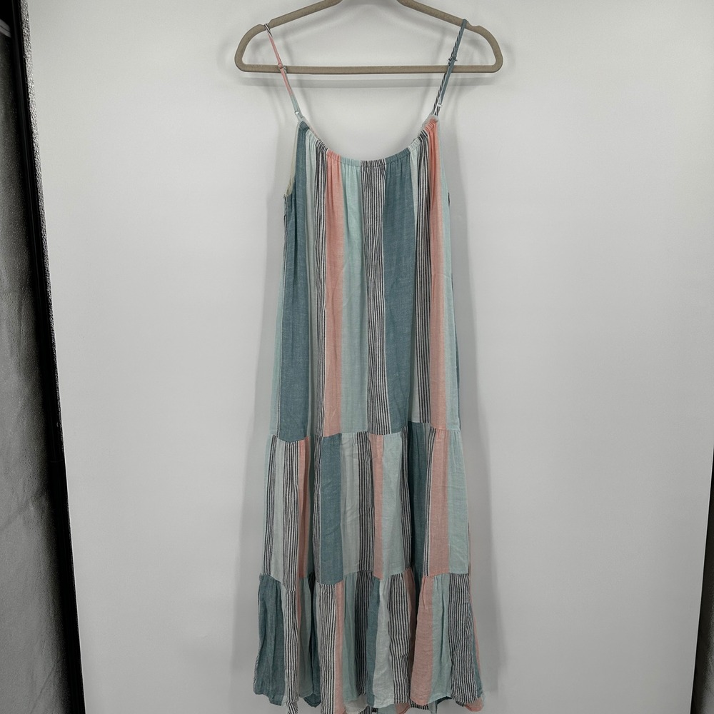 Rails Adora Highland Stripe Tiered Linen Blend Maxi Dress Medium Coral Teal Boho - Picture 7 of 11